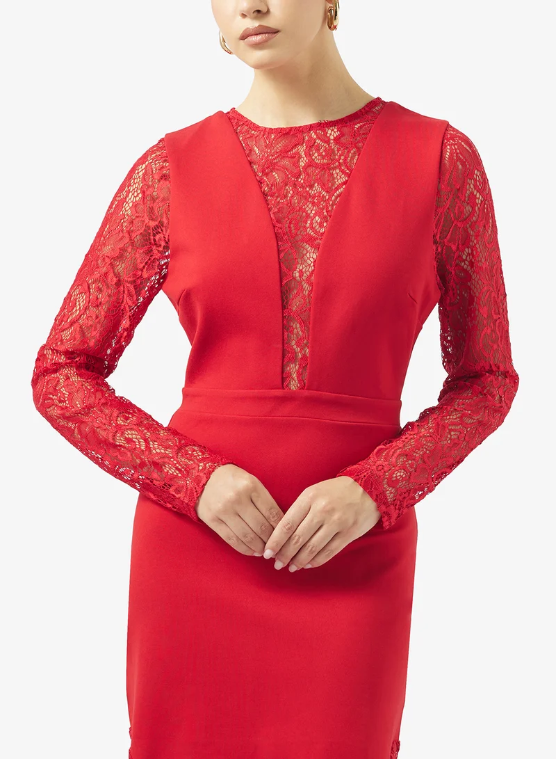 Just Me  Crew Neck Long Sleeve Midi Dress for Women | Best Price UAE